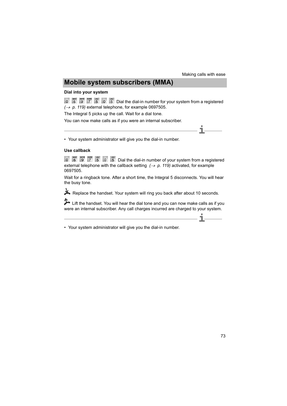 Dial into your system, Use callback, P. 73) | Mobile system subscribers (mma) | Avaya T3 (IP) Comfort User Manual | Page 73 / 172