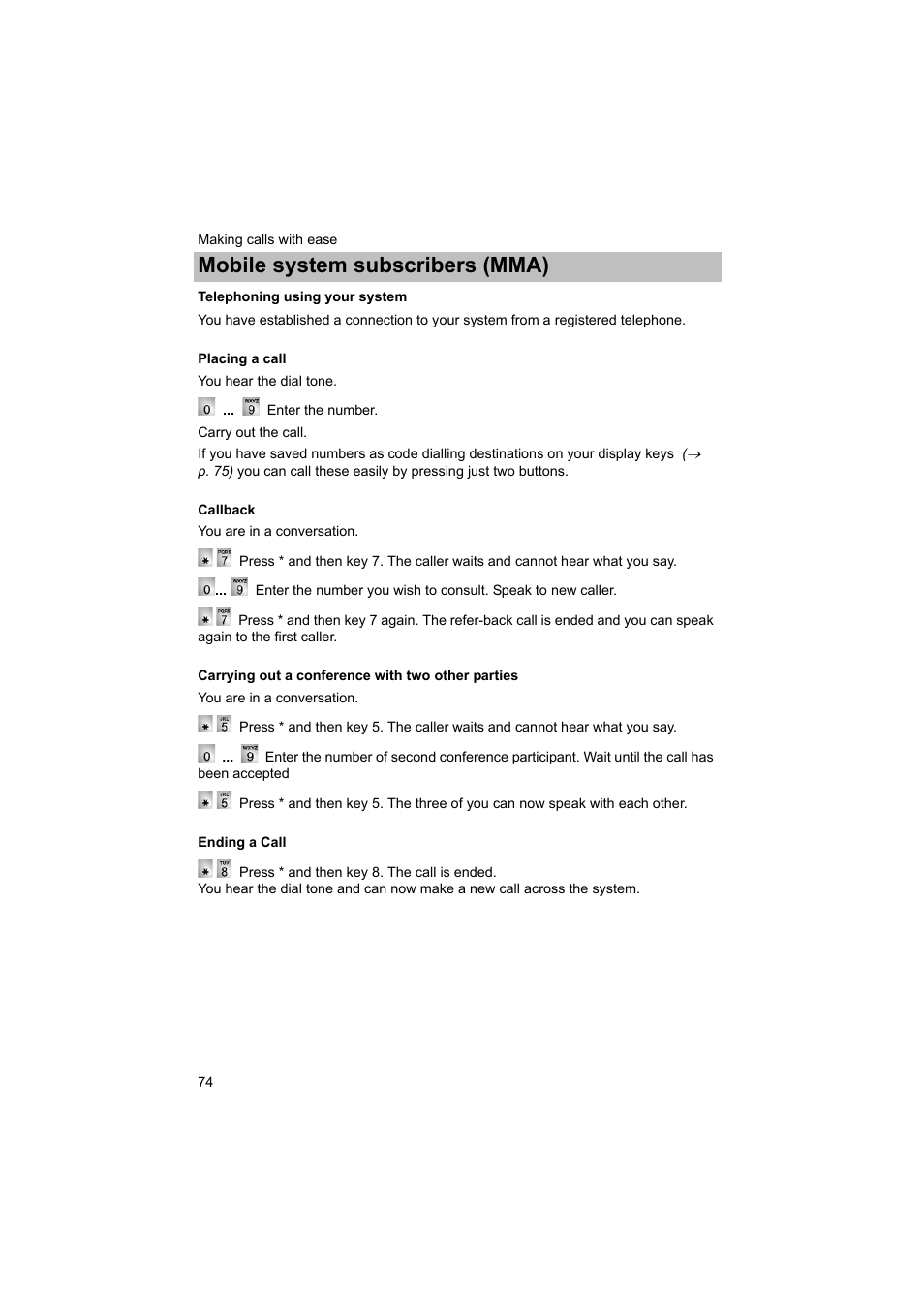 Telephoning using your system, P. 74), Mobile system subscribers (mma) | Avaya T3 (IP) Comfort User Manual | Page 74 / 172