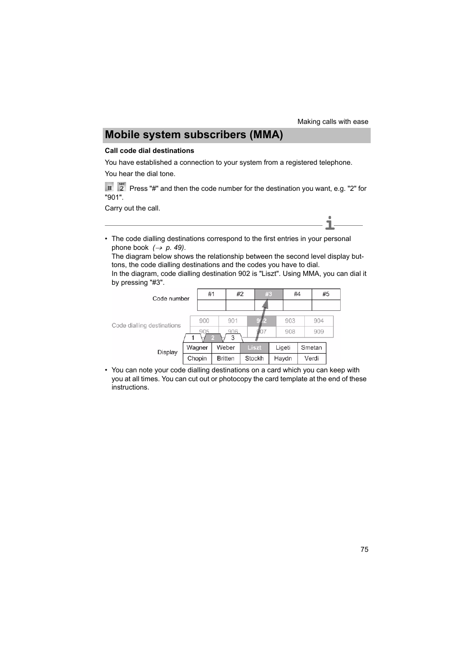 Call code dial destinations, P. 75), Mobile system subscribers (mma) | Avaya T3 (IP) Comfort User Manual | Page 75 / 172