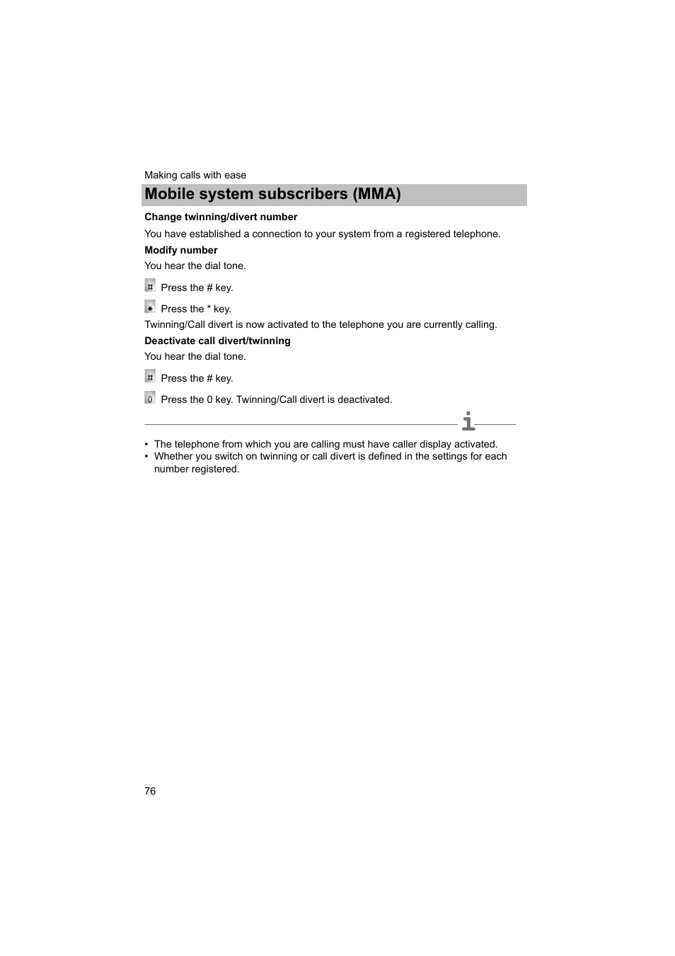 Change twinning/divert number, P. 76), Mobile system subscribers (mma) | Avaya T3 (IP) Comfort User Manual | Page 76 / 172