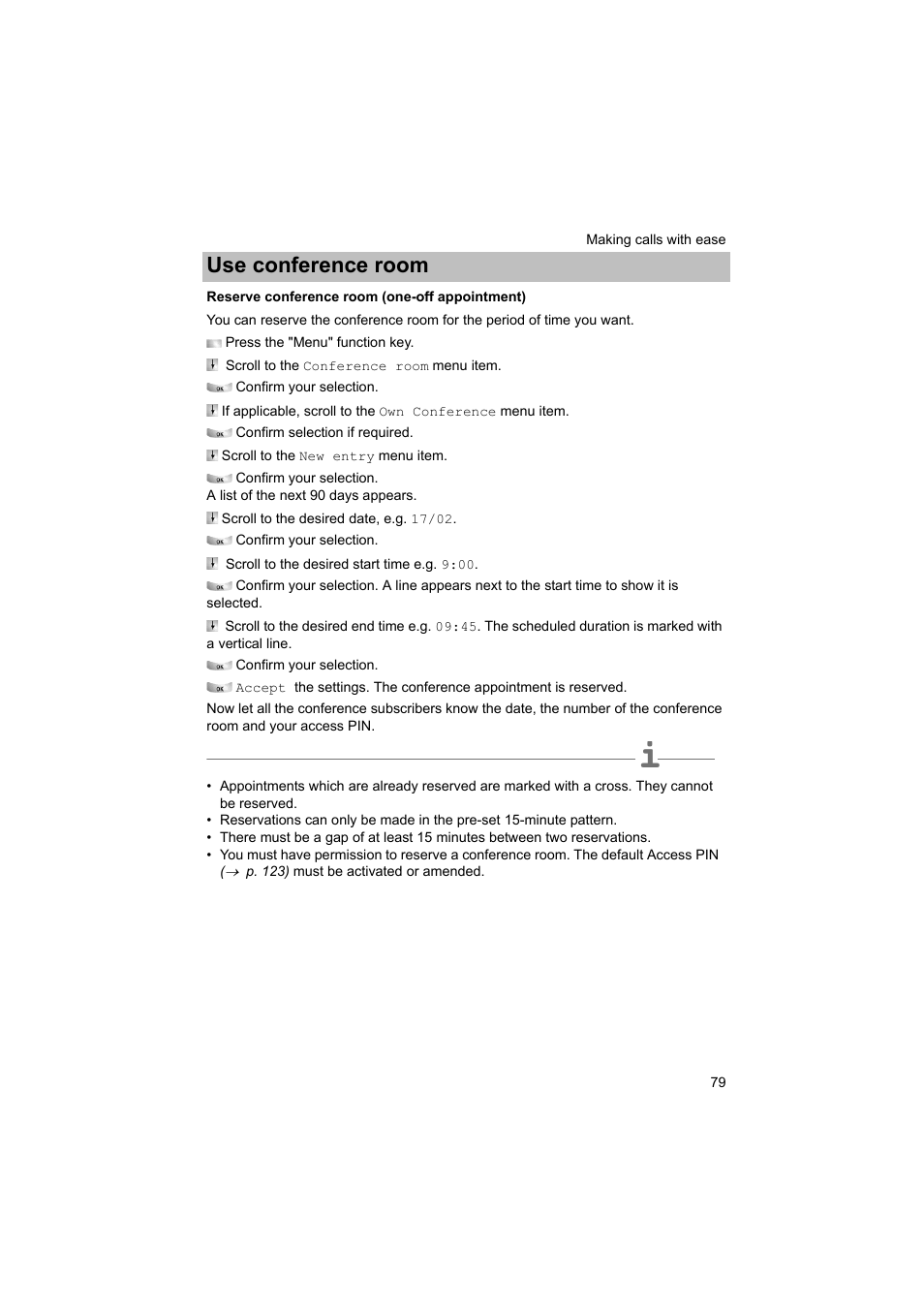 Reserve conference room (one-off appointment), F basis, P. 79) | Use conference room | Avaya T3 (IP) Comfort User Manual | Page 79 / 172