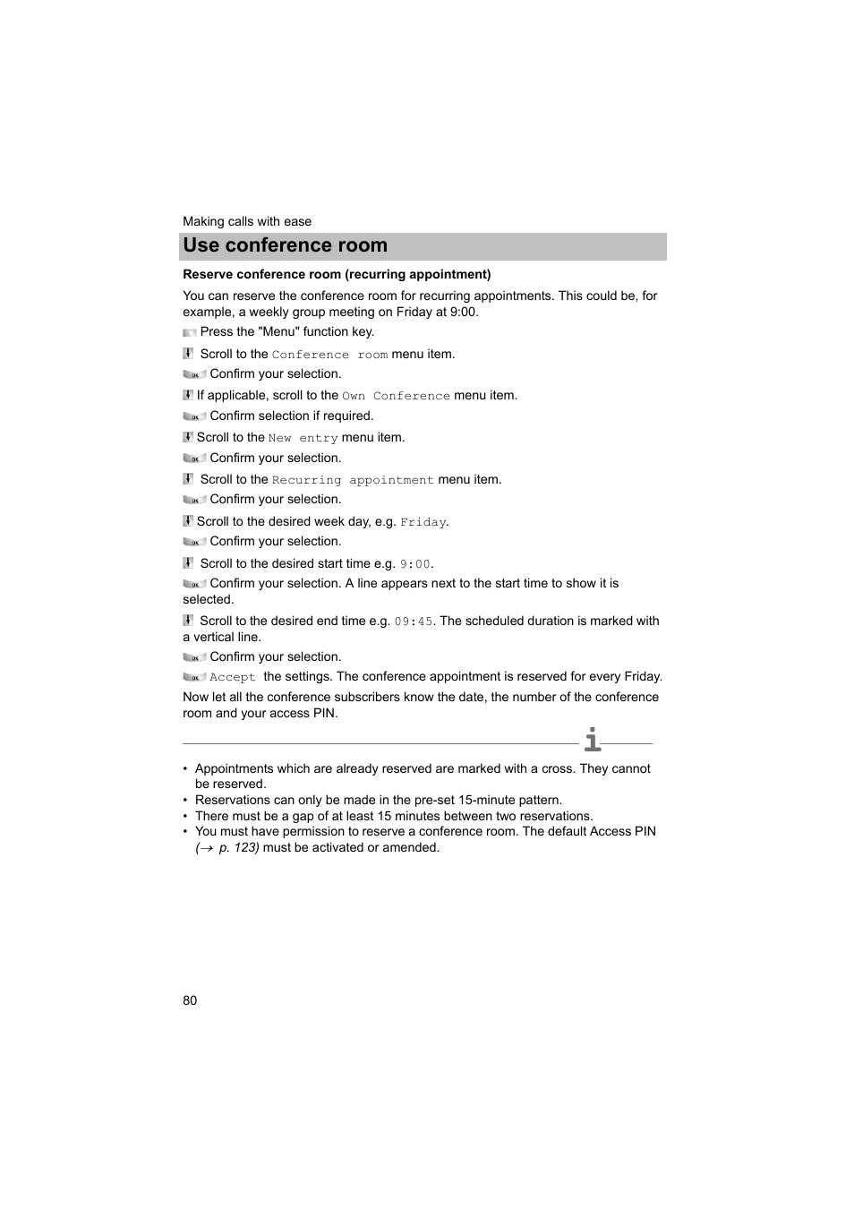 Reserve conference room (recurring appointment), P. 80), Use conference room | Avaya T3 (IP) Comfort User Manual | Page 80 / 172