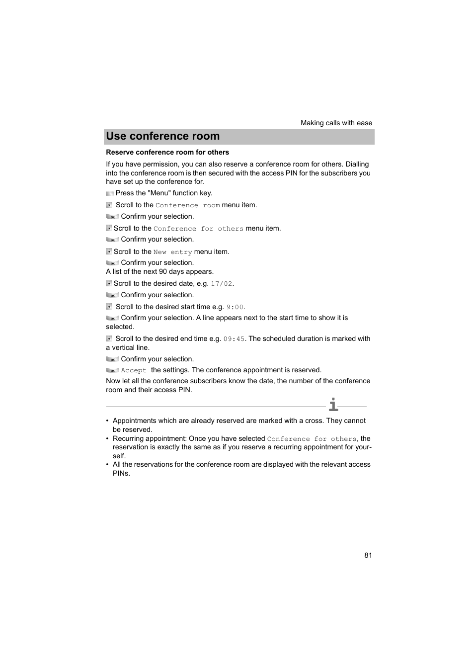 Reserve conference room for others, P. 81), Use conference room | Avaya T3 (IP) Comfort User Manual | Page 81 / 172