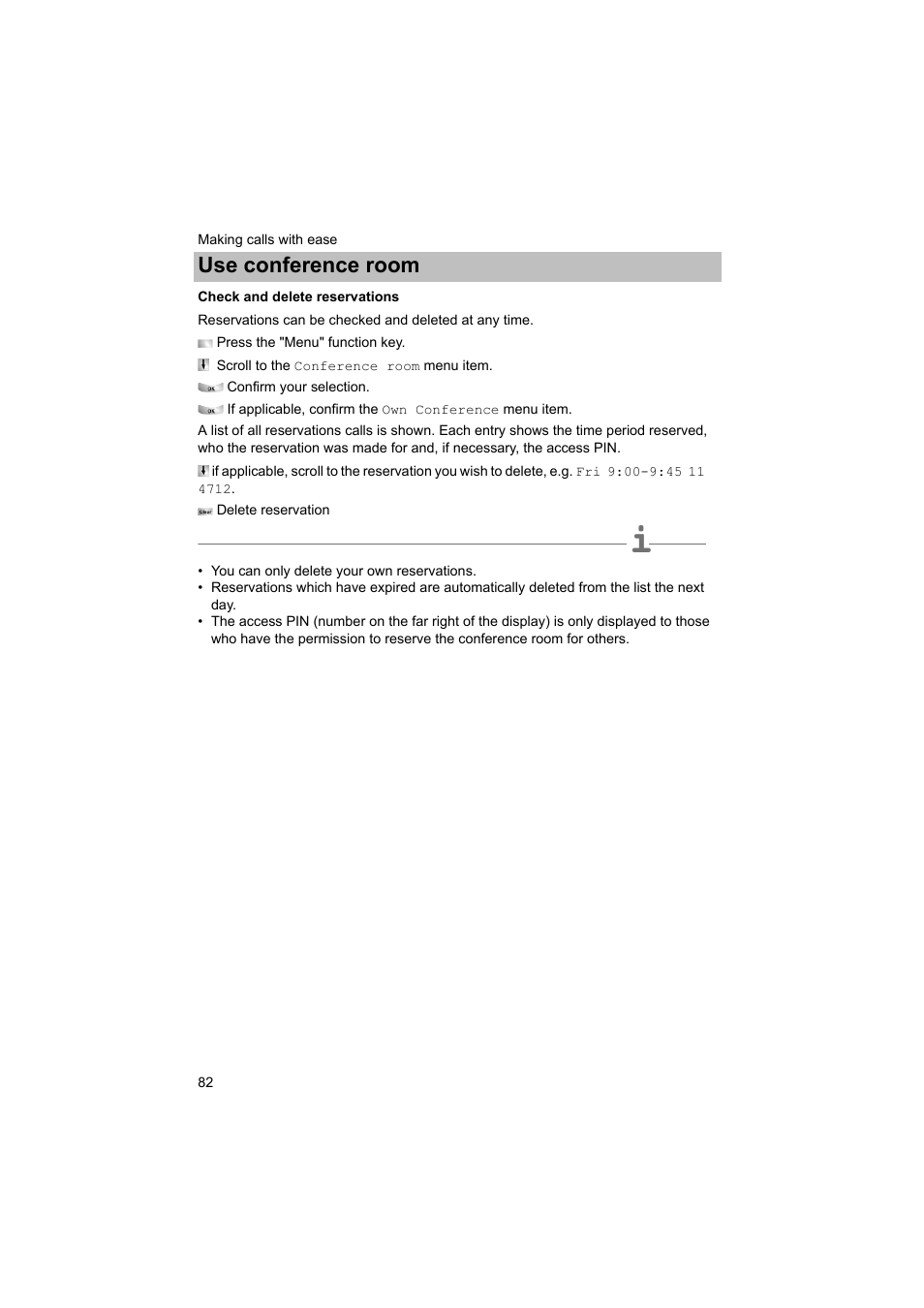 Check and delete reservations, P. 82), Use conference room | Avaya T3 (IP) Comfort User Manual | Page 82 / 172