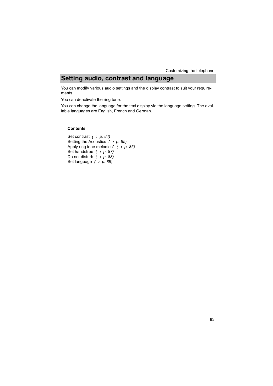 Customizing the telephone, Setting audio, contrast and language | Avaya T3 (IP) Comfort User Manual | Page 83 / 172
