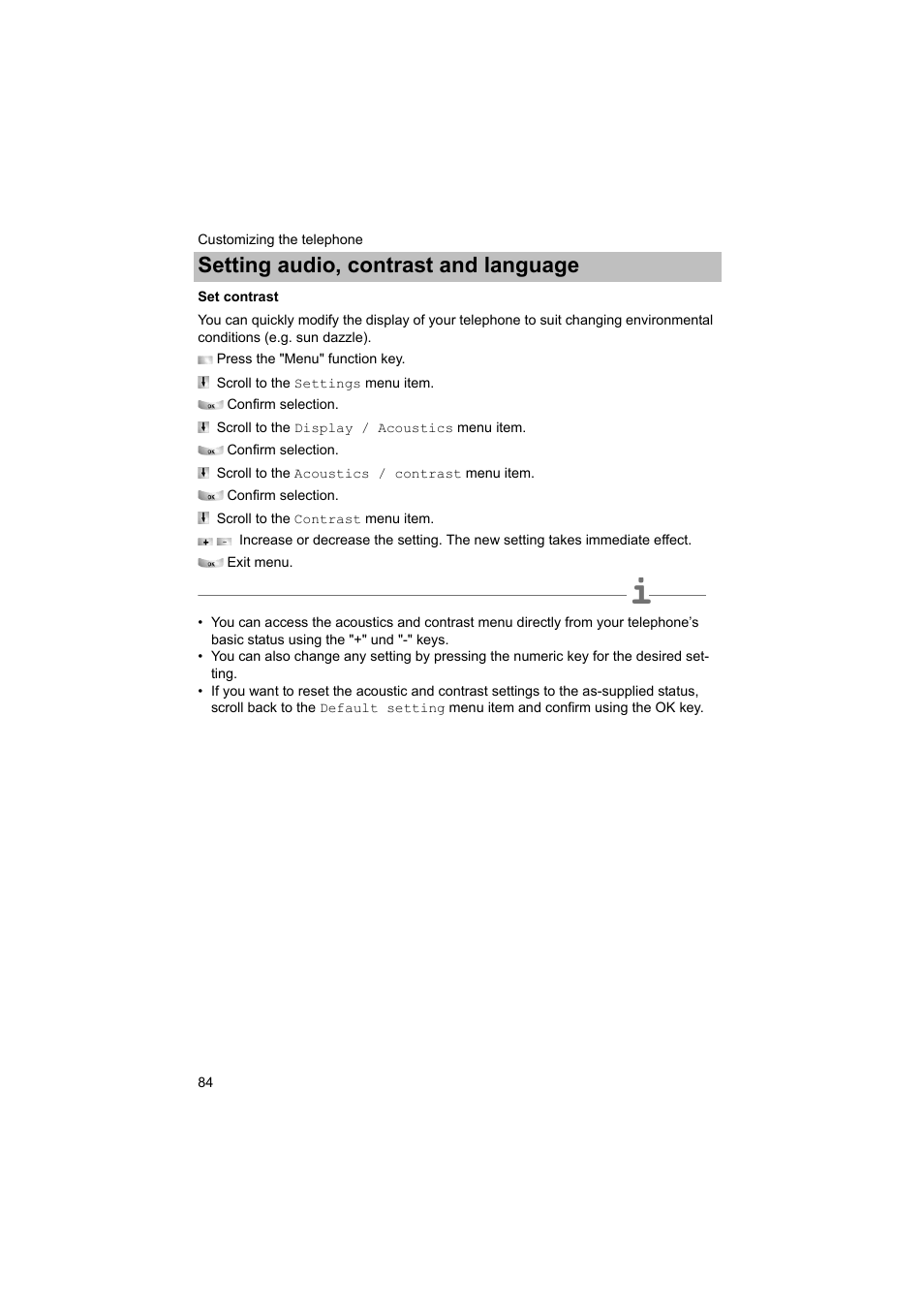 Set contrast, P. 84), P. 84) to | Setting audio, contrast and language | Avaya T3 (IP) Comfort User Manual | Page 84 / 172