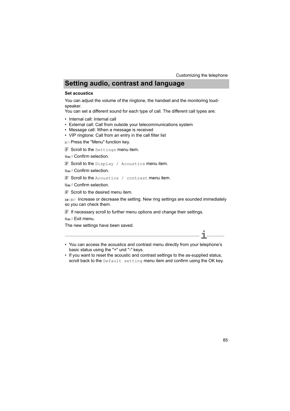 Set acoustics, P. 85), Setting audio, contrast and language | Avaya T3 (IP) Comfort User Manual | Page 85 / 172