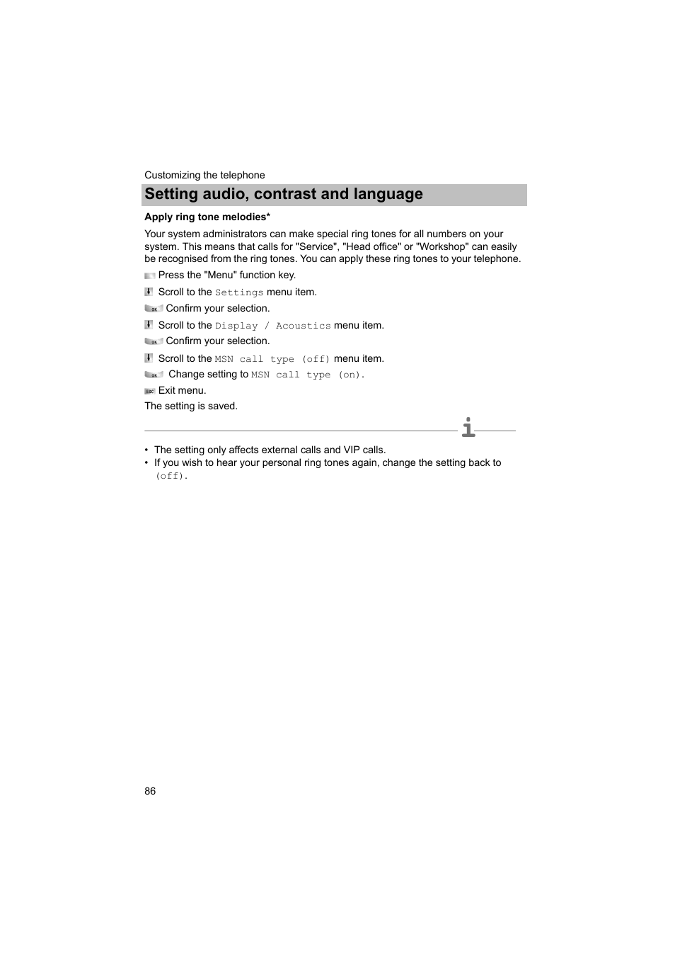 Apply ring tone melodies, P. 86), Setting audio, contrast and language | Avaya T3 (IP) Comfort User Manual | Page 86 / 172