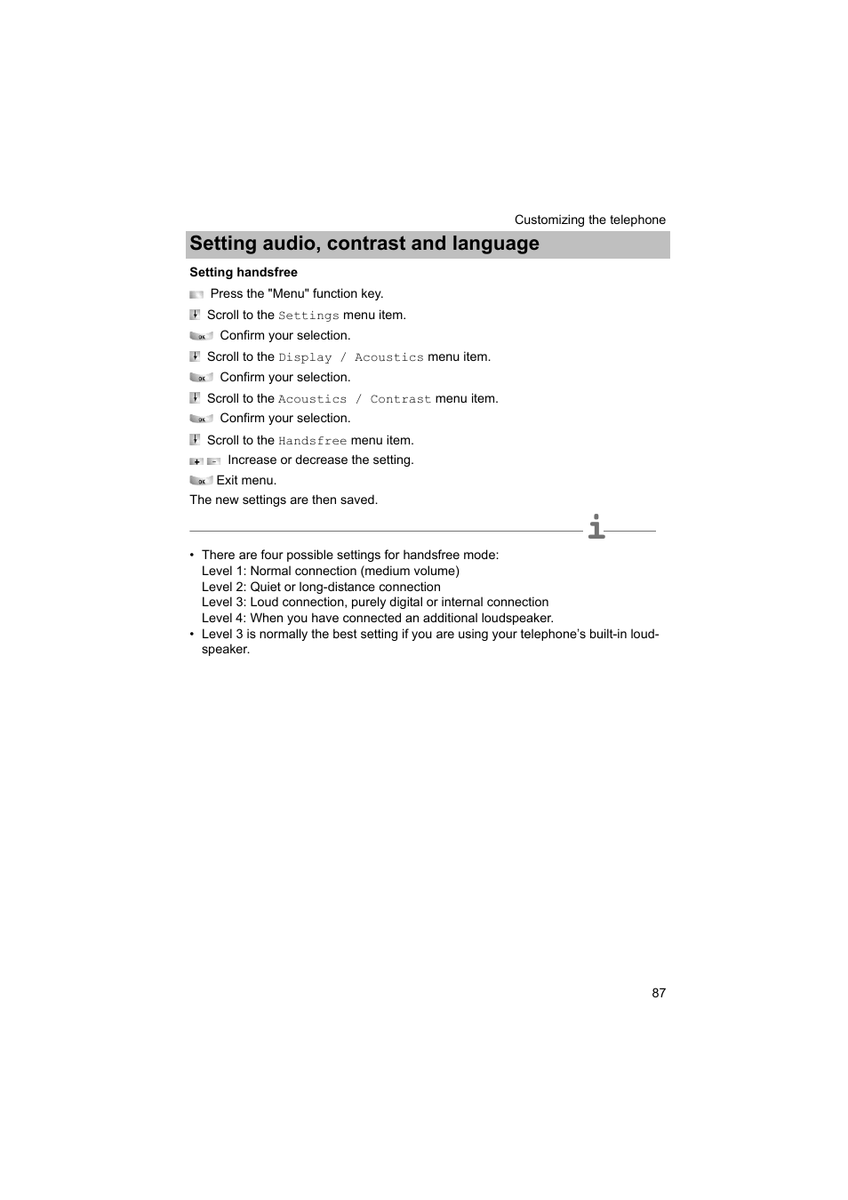 Setting handsfree, P. 87), Setting audio, contrast and language | Avaya T3 (IP) Comfort User Manual | Page 87 / 172