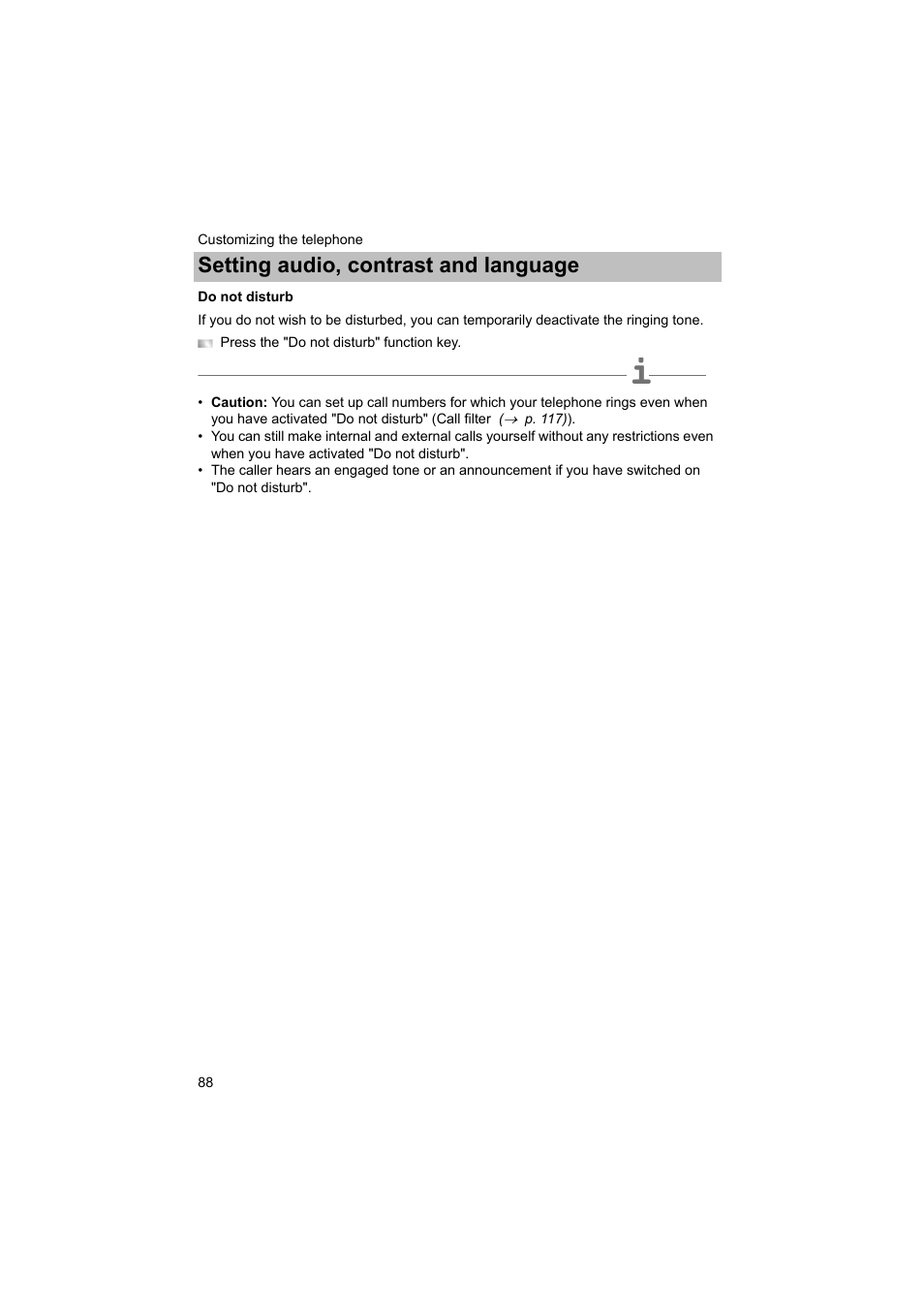 Do not disturb, T disturb, P. 88) | Setting audio, contrast and language | Avaya T3 (IP) Comfort User Manual | Page 88 / 172