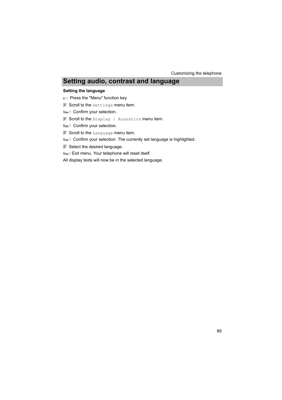 Setting the language, P. 89), Setting audio, contrast and language | Avaya T3 (IP) Comfort User Manual | Page 89 / 172