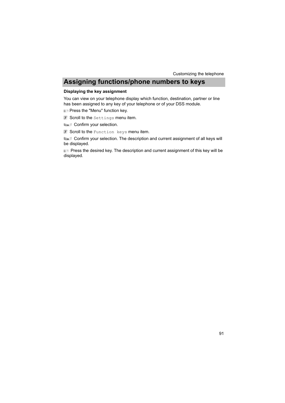 Displaying the key assignment, P. 91), Assigning functions/phone numbers to keys | Avaya T3 (IP) Comfort User Manual | Page 91 / 172