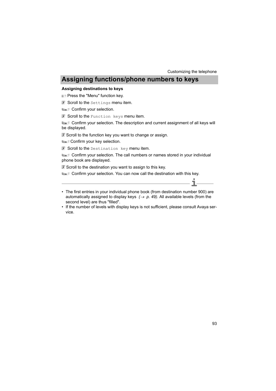 Assigning destinations to keys, P. 93), Assigning functions/phone numbers to keys | Avaya T3 (IP) Comfort User Manual | Page 93 / 172