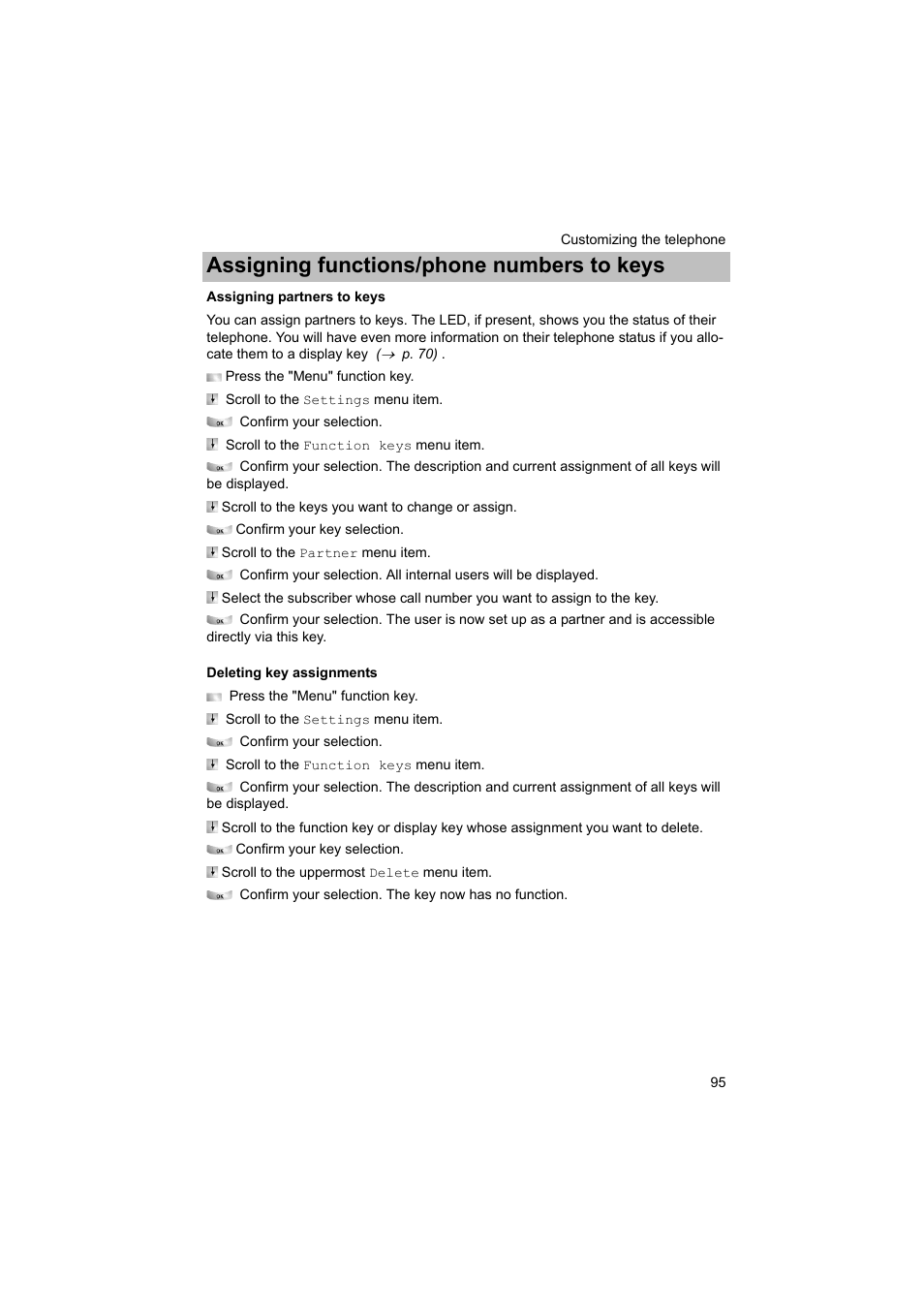 Assigning partners to keys, Deleting key assignments, P. 95) | Assigning functions/phone numbers to keys | Avaya T3 (IP) Comfort User Manual | Page 95 / 172