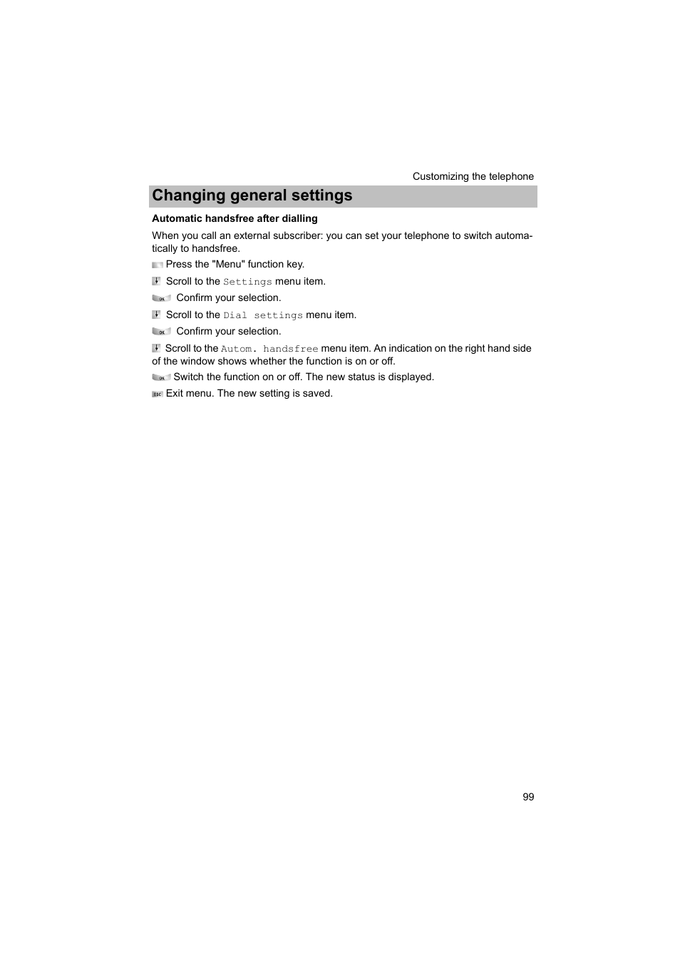 Automatic handsfree after dialling, P. 99), Changing general settings | Avaya T3 (IP) Comfort User Manual | Page 99 / 172