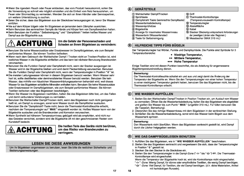 A)| geräteteile, B) hilfreiche tipps fürs bügeln, Niedrige temperatur | Mittiere temperatur, Hohe temperatur, Wie wasser auffüllen, D) wie das dampfbügeleisen benutzen | Panasonic NIW900CVXA User Manual | Page 10 / 28