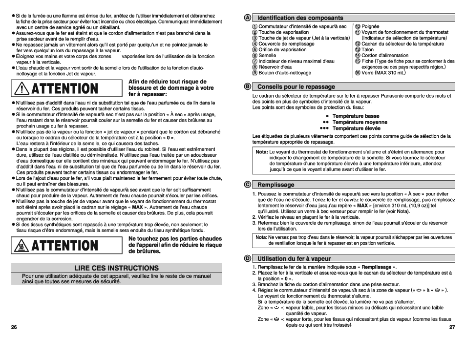 0 identification des composants, 0 conseiis pour ie repassage, I rempiissage | I utiiisation du fer à vapeur | Panasonic NIW900CVXA User Manual | Page 15 / 28