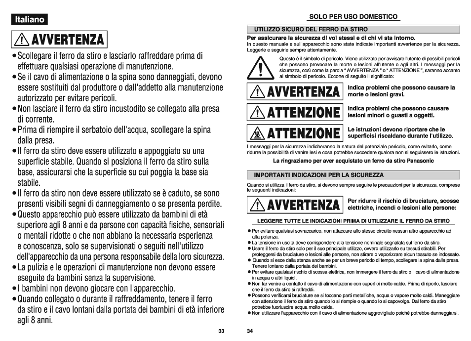 Aavvertenza, A attenzione | Panasonic NIW900CVXA User Manual | Page 19 / 28