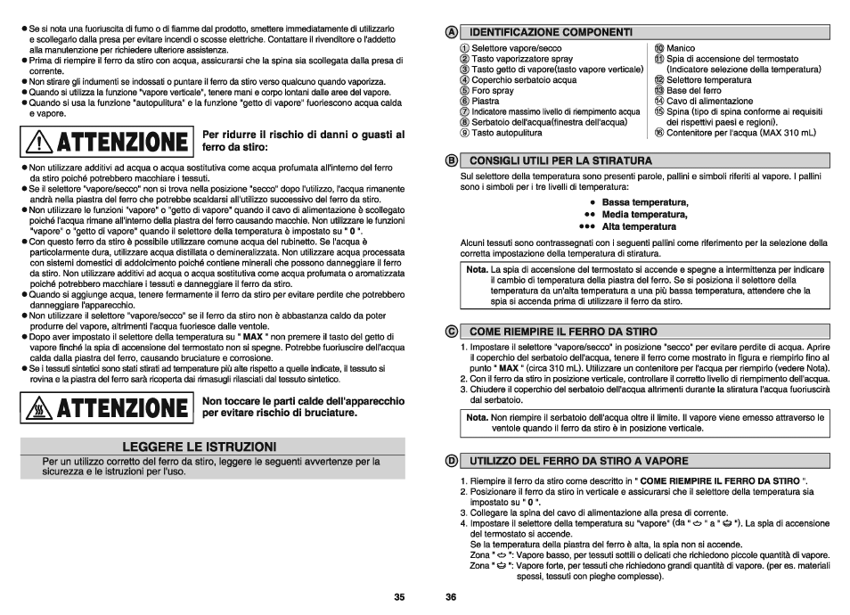 Identificazione componentf, Consigli utili per la stiratura, Come riempire il ferro da stiro | Utilizzo del ferro da stiro a vapore, Leggere le istruzioni | Panasonic NIW900CVXA User Manual | Page 20 / 28