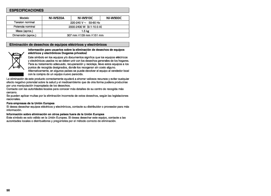 Especificaciones | Panasonic NIW900CVXA User Manual | Page 28 / 28