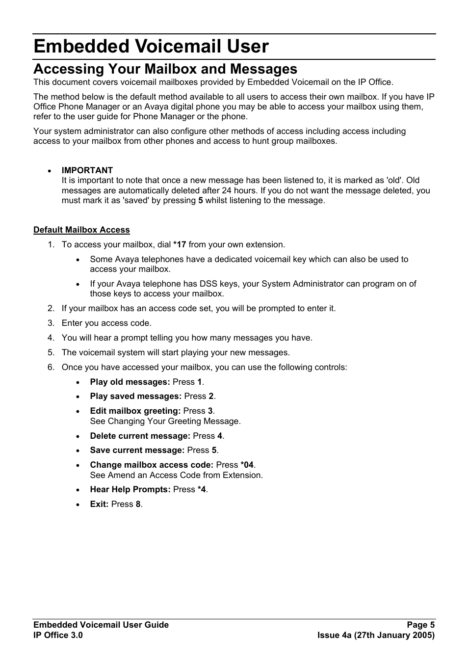 Embedded voicemail user, Accessing your mailbox and messages | Avaya Voicemail User Manual | Page 5 / 10