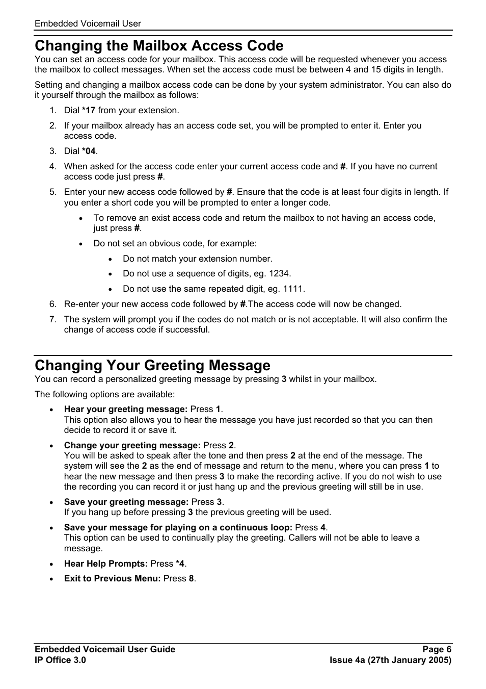Changing the mailbox access code, Changing your greeting message | Avaya Voicemail User Manual | Page 6 / 10