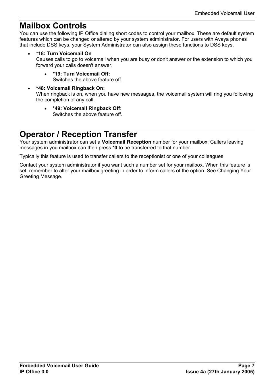 Mailbox controls, Operator / reception transfer, Embedded voicemail user | Avaya Voicemail User Manual | Page 7 / 10