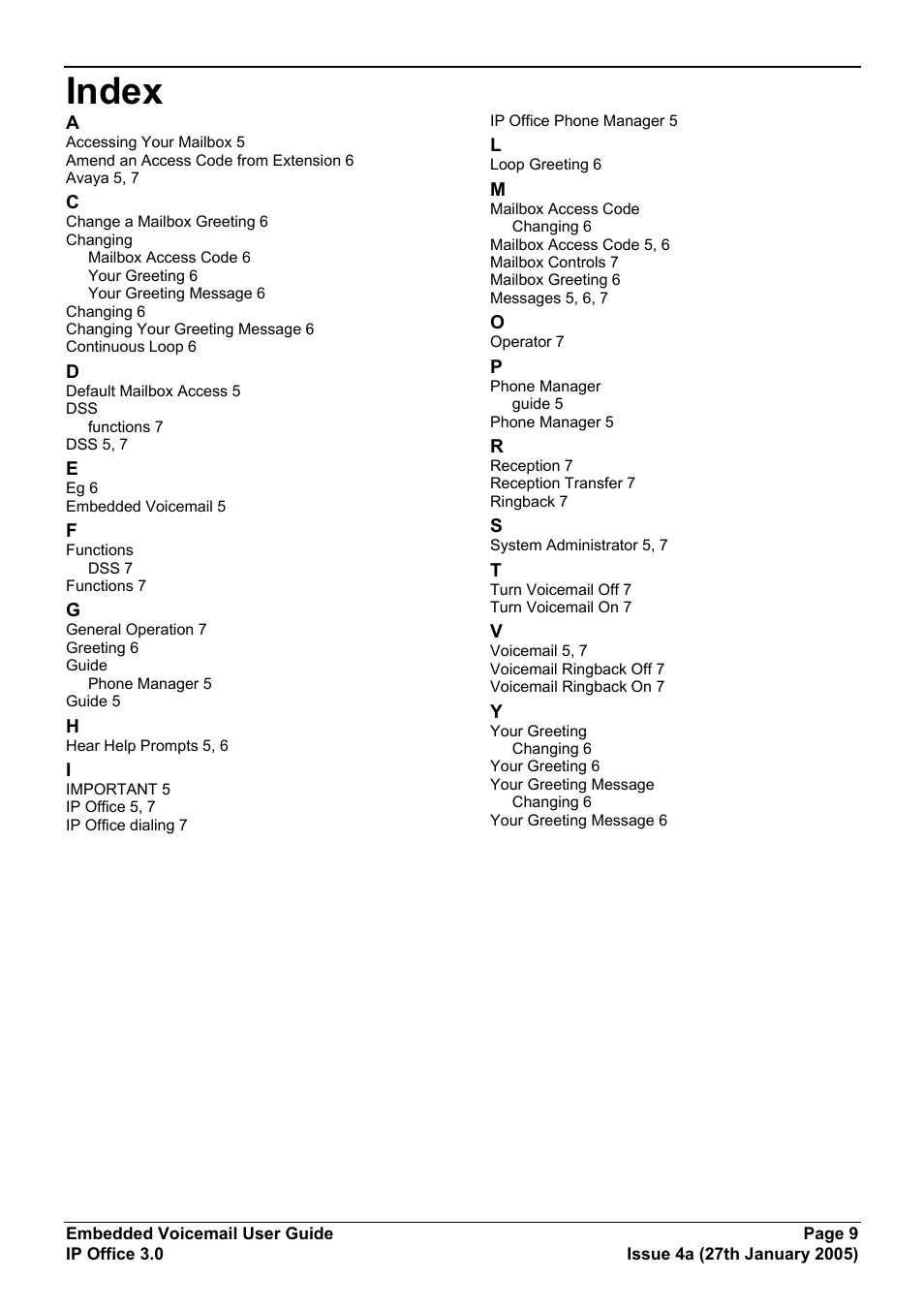 Index | Avaya Voicemail User Manual | Page 9 / 10