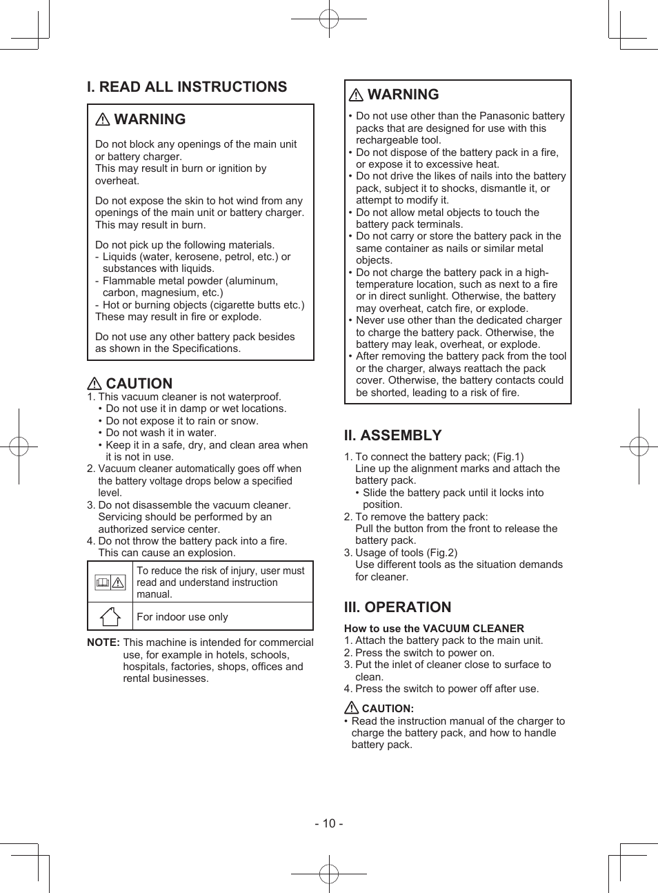 I. read all instructions warning, Caution, Warning | Ii. assembly, Iii. operation | Panasonic EY3743 User Manual | Page 10 / 64