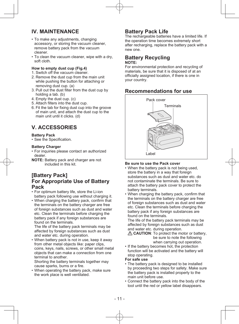 Iv. maintenance, V. accessories, Battery pack] for appropriate use of battery pack | Battery pack life, Battery recycling, Recommendations for use | Panasonic EY3743 User Manual | Page 11 / 64