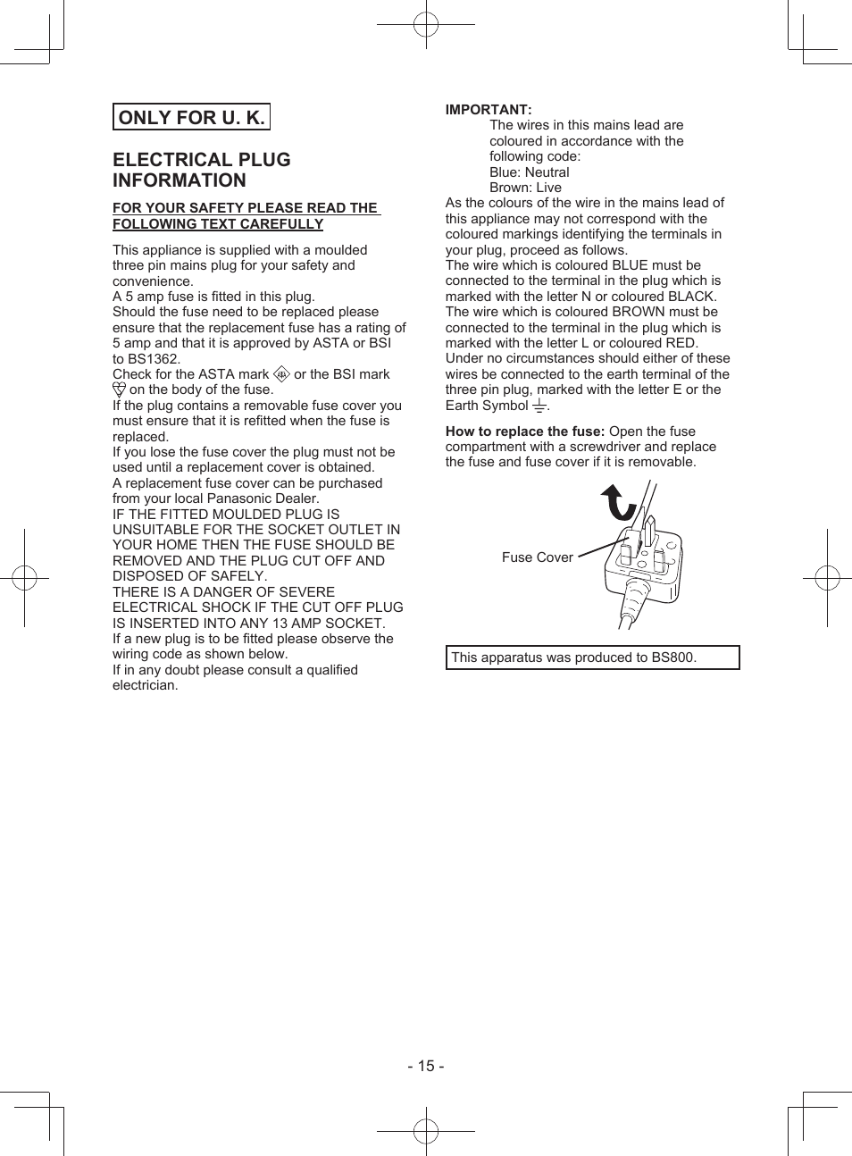 Only for u. k. electrical plug information | Panasonic EY3743 User Manual | Page 15 / 64