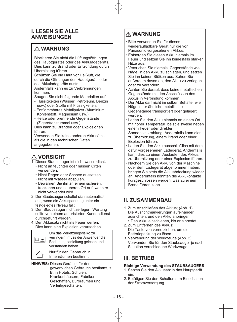 I. lesen sie alle anweisungen warnung, Vorsicht, Warnung | Ii. zusammenbau, Iii. betrieb | Panasonic EY3743 User Manual | Page 16 / 64