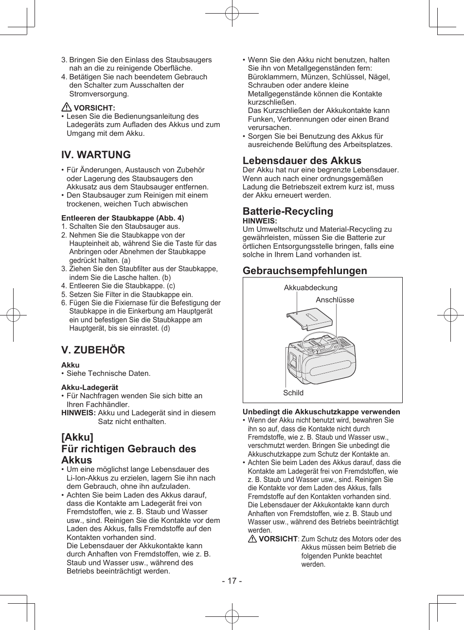 Iv. wartung, V. zubehör, Akku] für richtigen gebrauch des akkus | Lebensdauer des akkus, Batterie-recycling, Gebrauchsempfehlungen | Panasonic EY3743 User Manual | Page 17 / 64