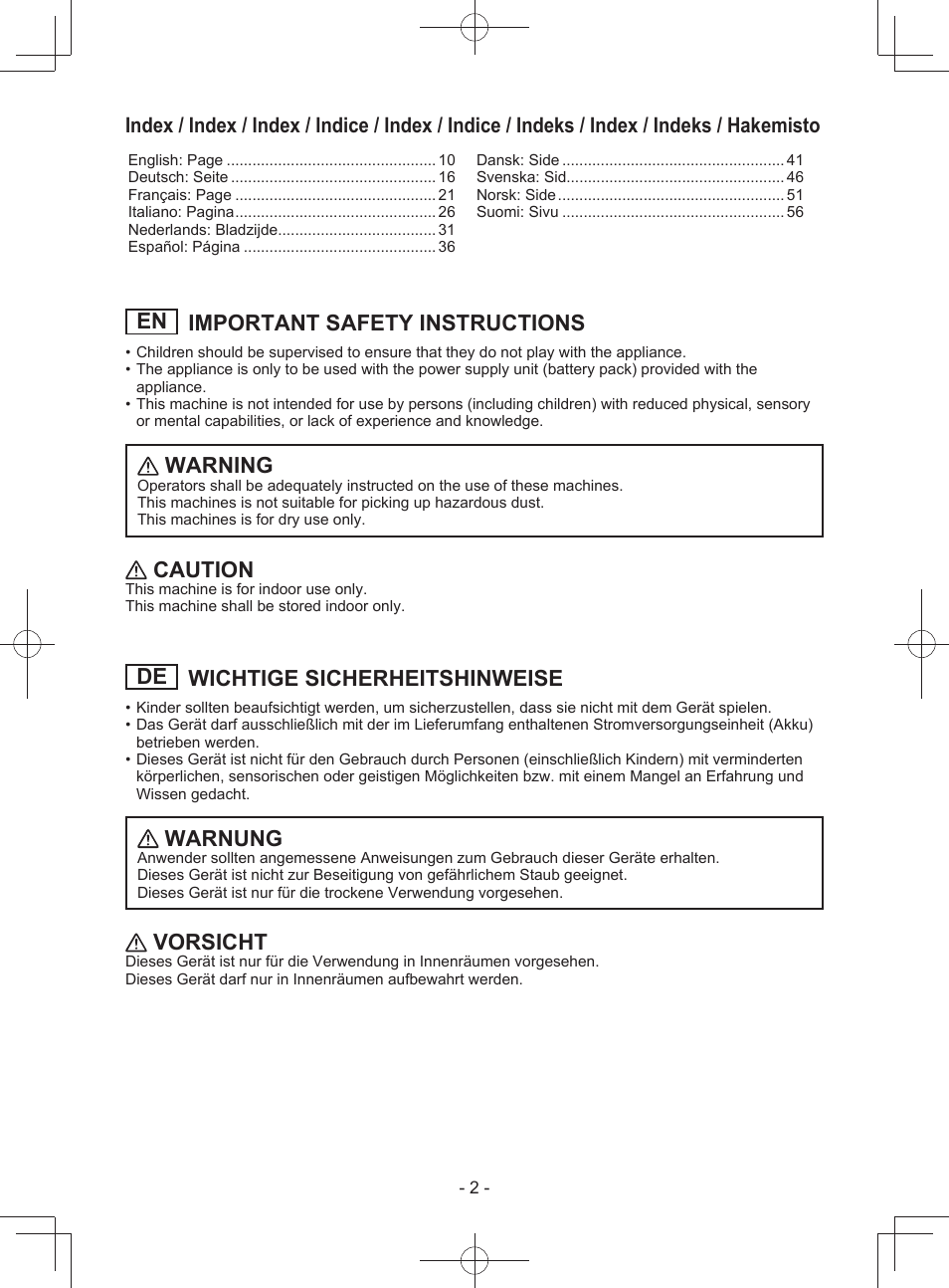 En important safety instructions, Warning, Caution | De wichtige sicherheitshinweise, Warnung, Vorsicht | Panasonic EY3743 User Manual | Page 2 / 64