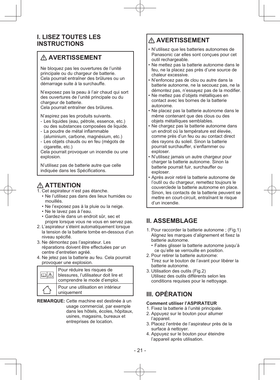 I. lisez toutes les instructions avertissement, Attention, Avertissement | Ii. assemblage, Iii. opération | Panasonic EY3743 User Manual | Page 21 / 64