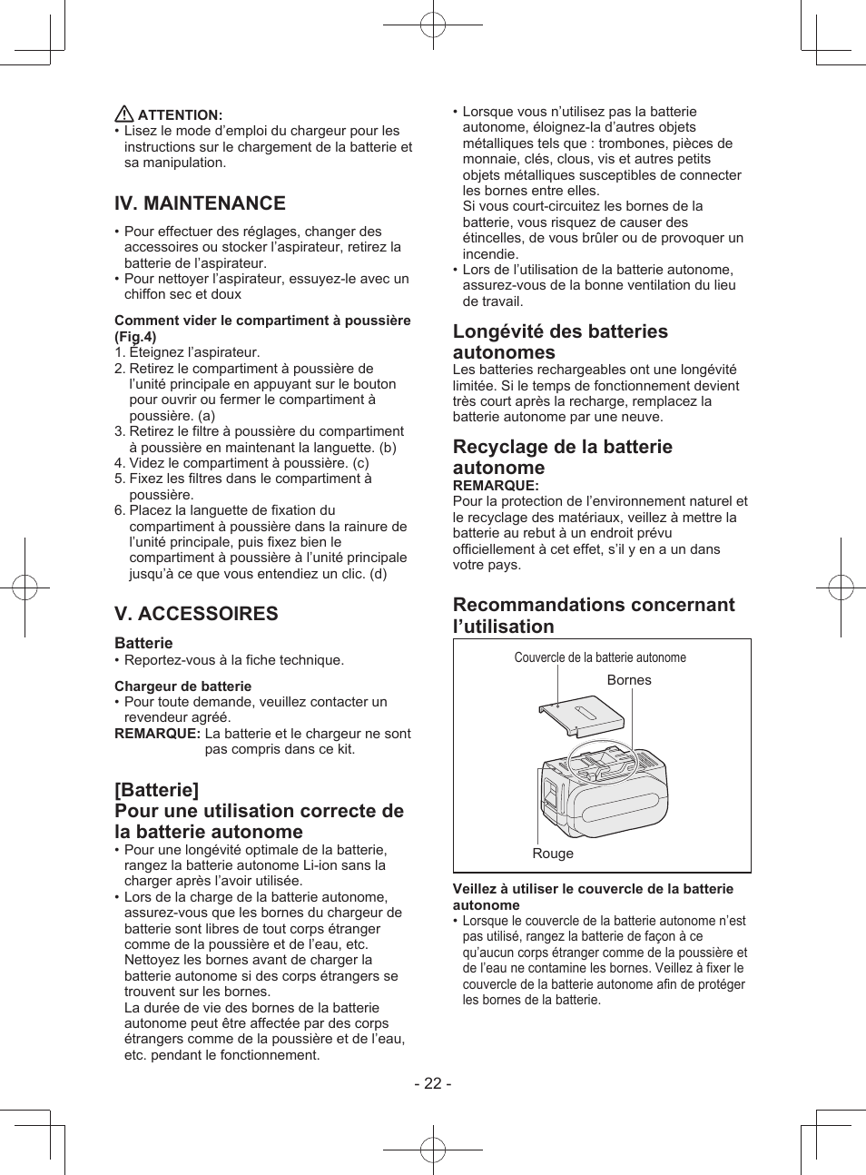 Iv. maintenance, V. accessoires, Longévité des batteries autonomes | Recyclage de la batterie autonome, Recommandations concernant l’utilisation | Panasonic EY3743 User Manual | Page 22 / 64