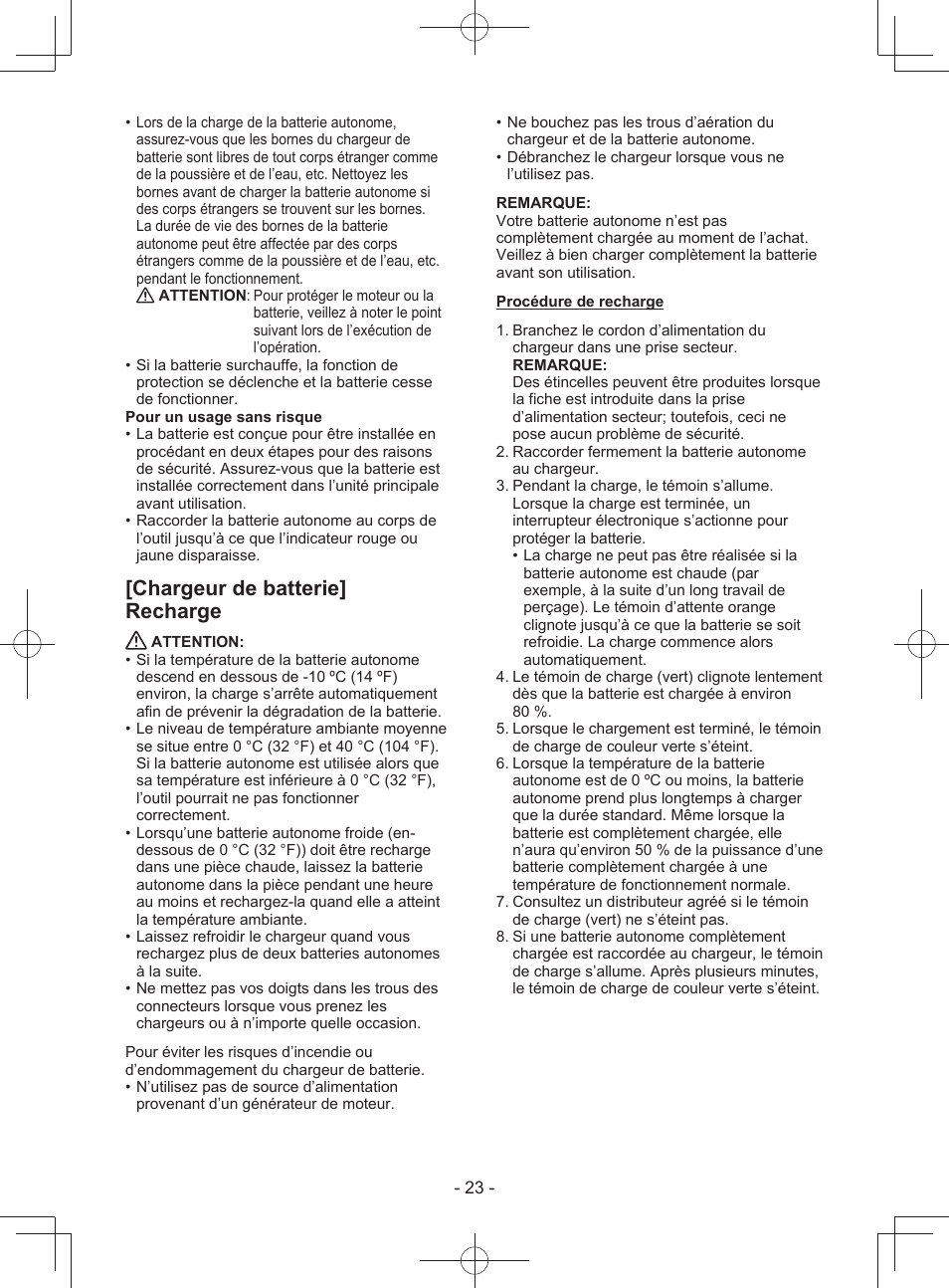 Chargeur de batterie] recharge | Panasonic EY3743 User Manual | Page 23 / 64