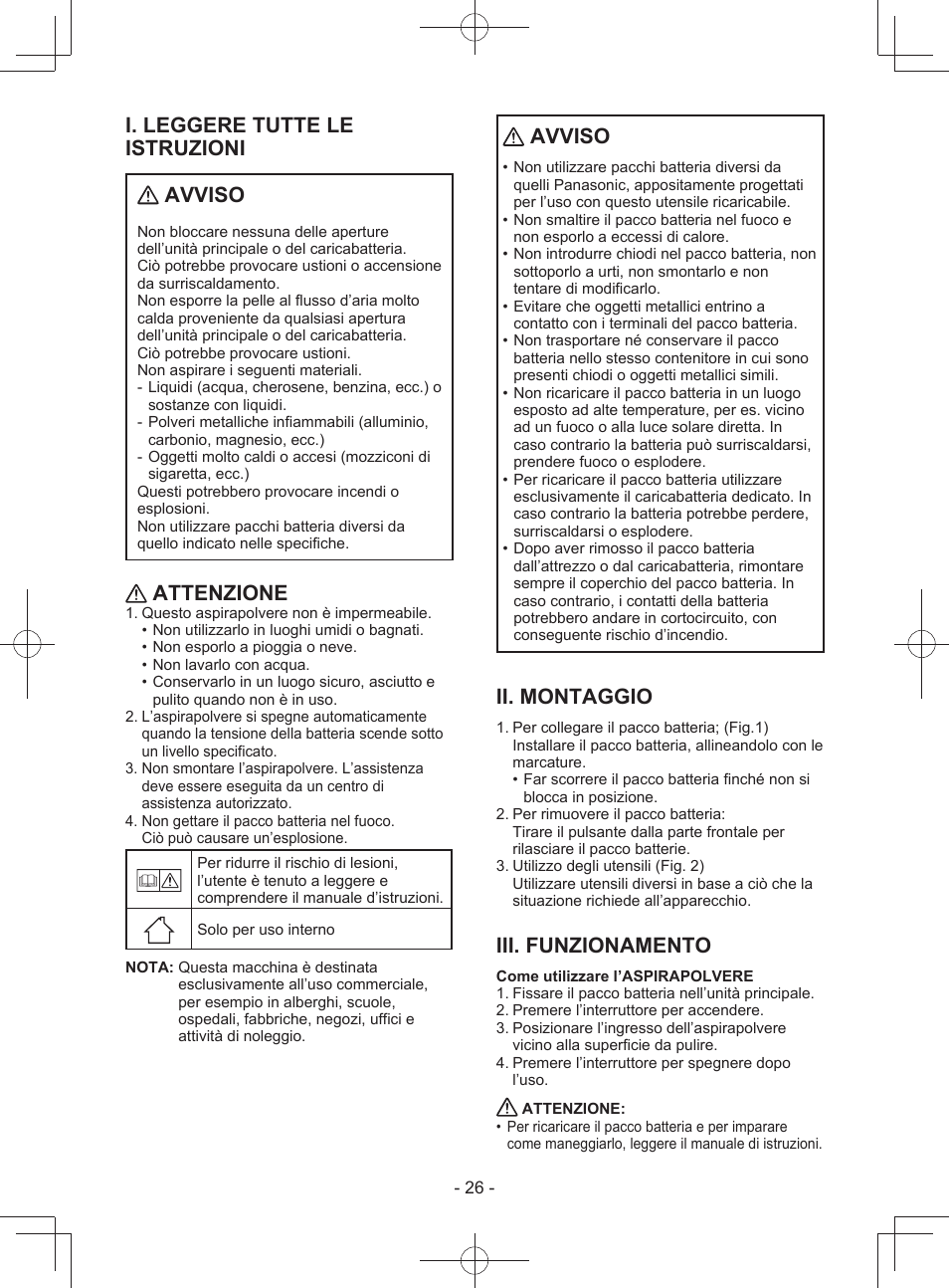 I. leggere tutte le istruzioni avviso, Attenzione, Avviso | Ii. montaggio, Iii. funzionamento | Panasonic EY3743 User Manual | Page 26 / 64