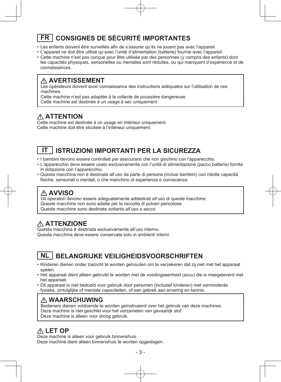 Fr consignes de sécurité importantes, Avertissement, Attention | It istruzioni importanti per la sicurezza, Avviso, Attenzione, Nl belangrijke veiligheidsvoorschriften, Let op, Waarschuwing | Panasonic EY3743 User Manual | Page 3 / 64