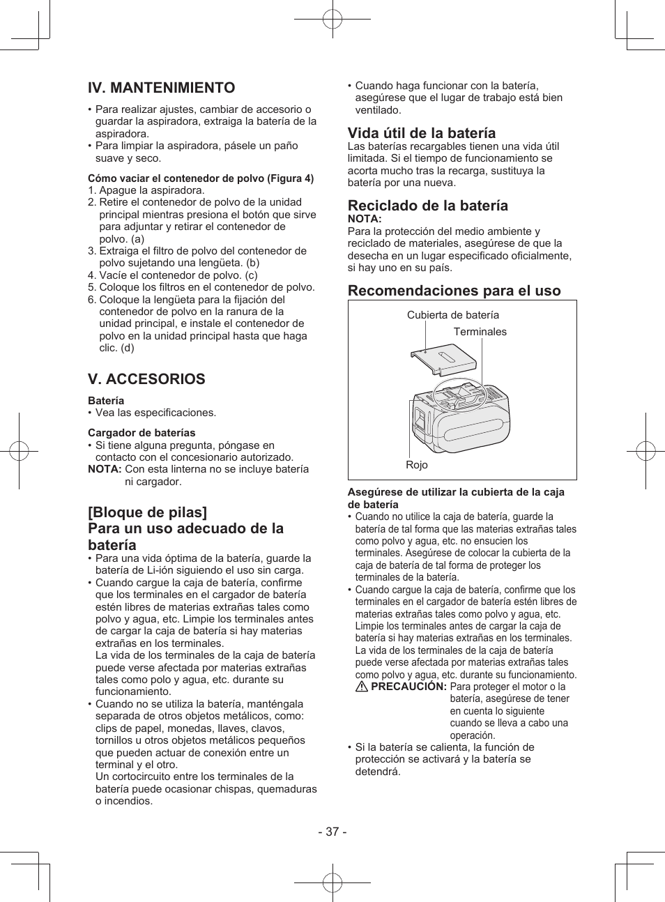 Iv. mantenimiento, V. accesorios, Vida útil de la batería | Reciclado de la batería, Recomendaciones para el uso | Panasonic EY3743 User Manual | Page 37 / 64