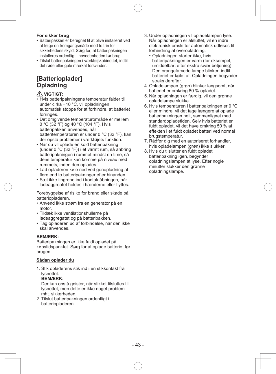 Batterioplader] opladning | Panasonic EY3743 User Manual | Page 43 / 64