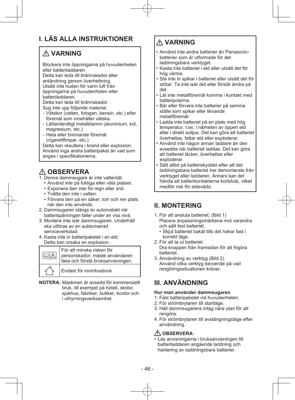 I. läs alla instruktioner varning, Observera, Varning | Ii. montering, Iii. användning | Panasonic EY3743 User Manual | Page 46 / 64