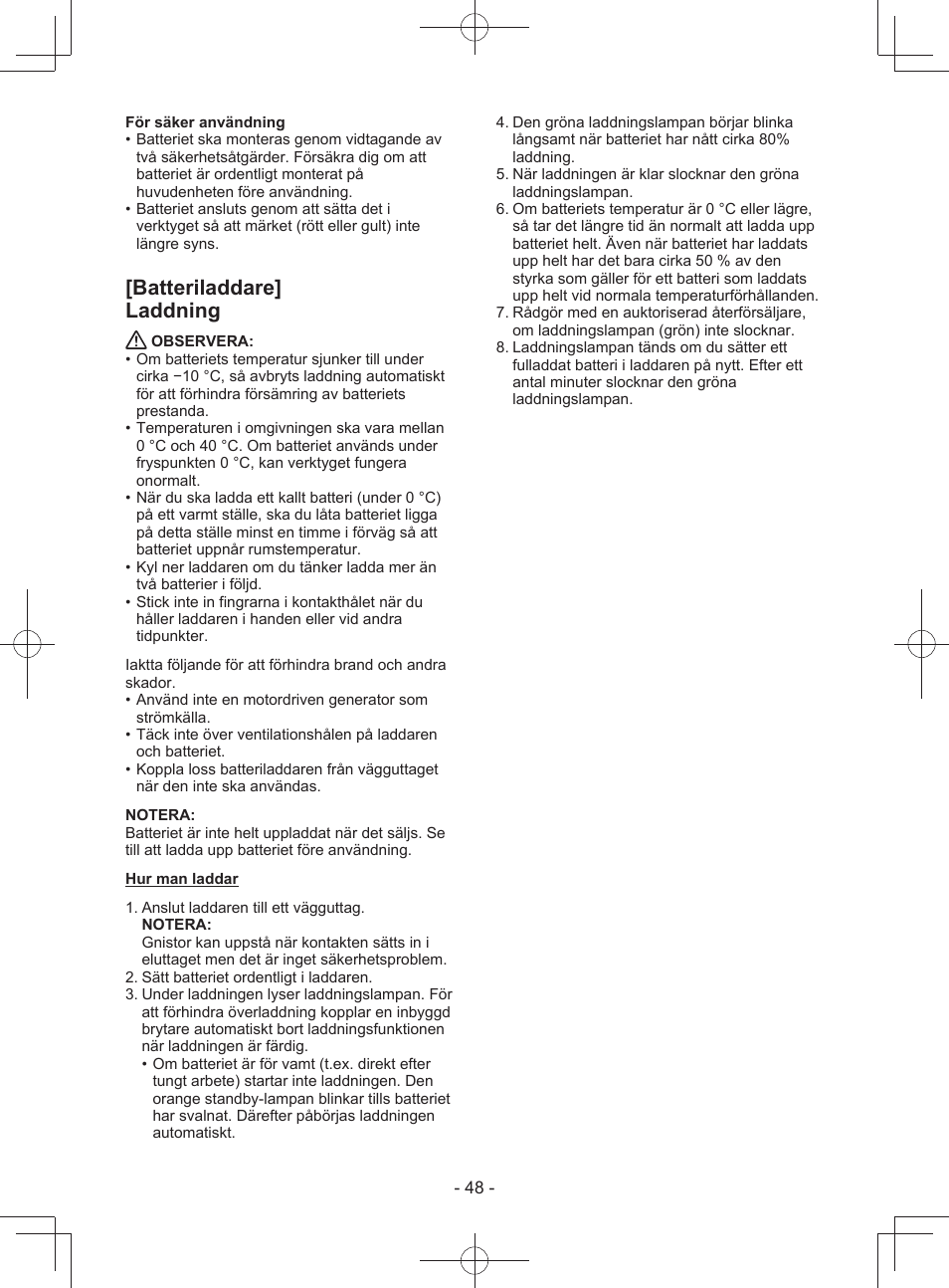 Batteriladdare] laddning | Panasonic EY3743 User Manual | Page 48 / 64