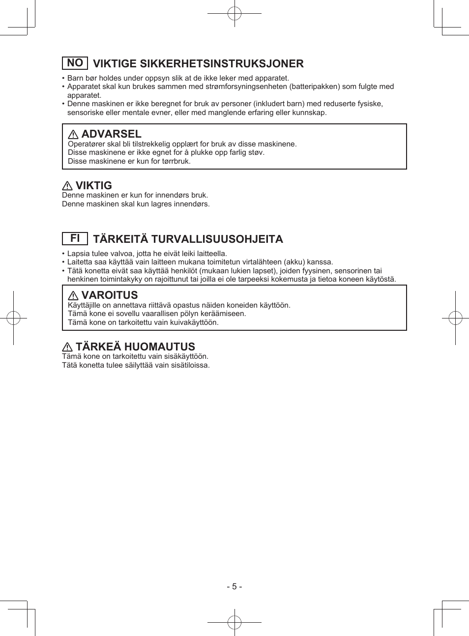 No viktige sikkerhetsinstruksjoner, Advarsel, Viktig | Fi tärkeitä turvallisuusohjeita, Varoitus, Tärkeä huomautus | Panasonic EY3743 User Manual | Page 5 / 64