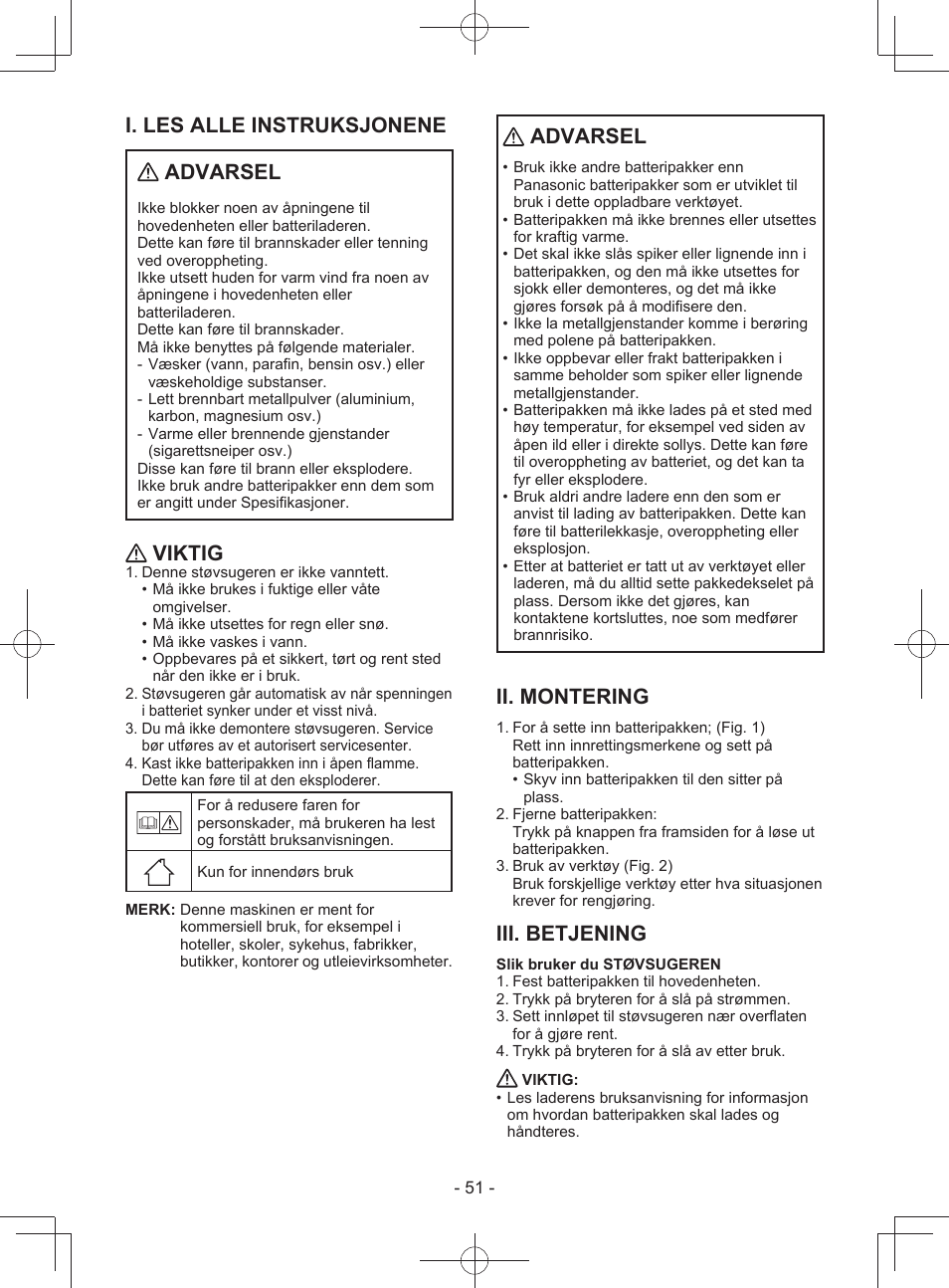 I. les alle instruksjonene advarsel, Viktig, Advarsel | Ii. montering, Iii. betjening | Panasonic EY3743 User Manual | Page 51 / 64