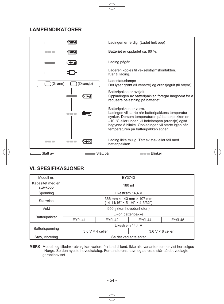 Lampeindikatorer, Vi. spesifikasjoner | Panasonic EY3743 User Manual | Page 54 / 64
