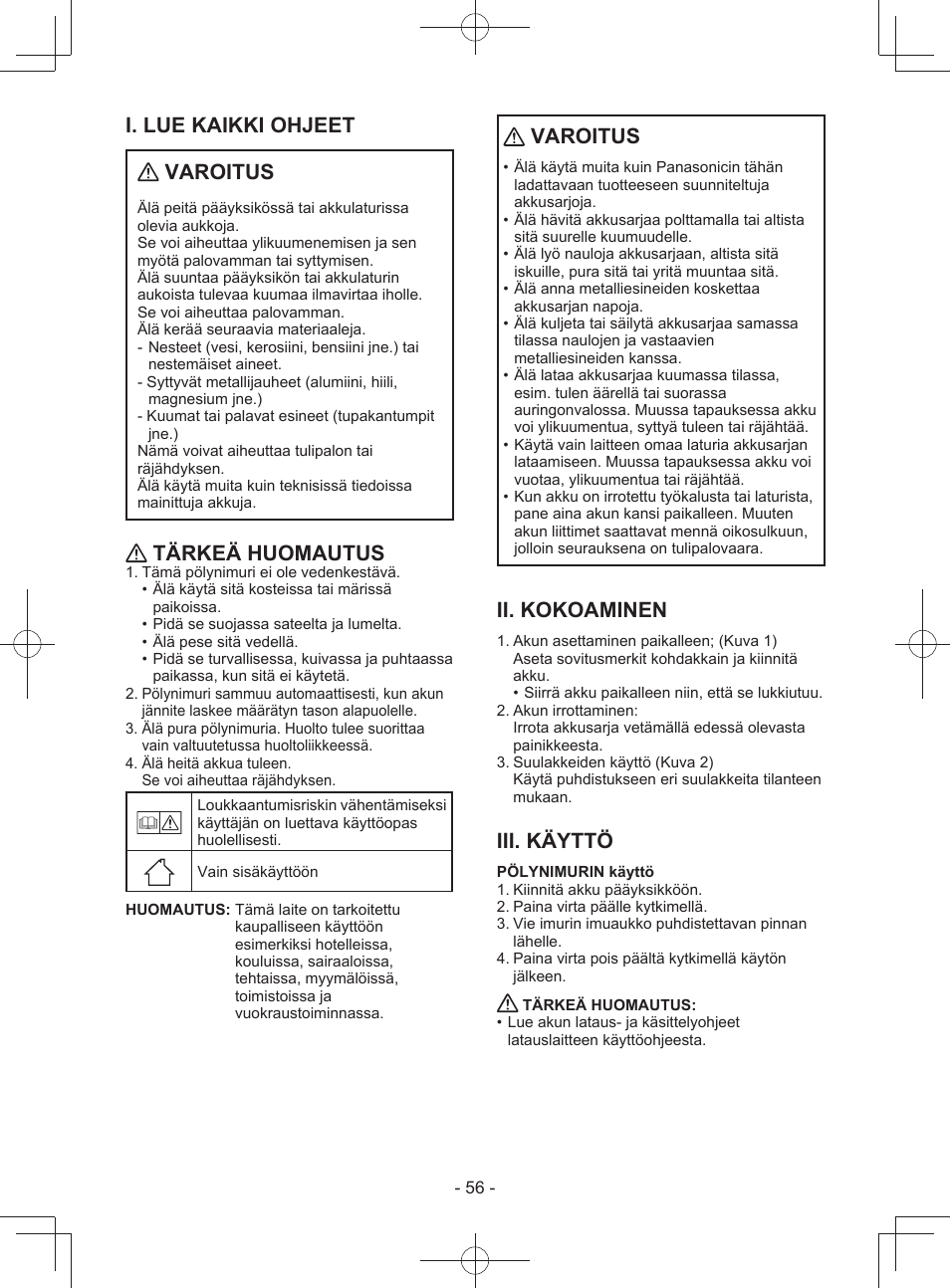 I. lue kaikki ohjeet varoitus, Tärkeä huomautus, Varoitus | Ii. kokoaminen, Iii. käyttö | Panasonic EY3743 User Manual | Page 56 / 64