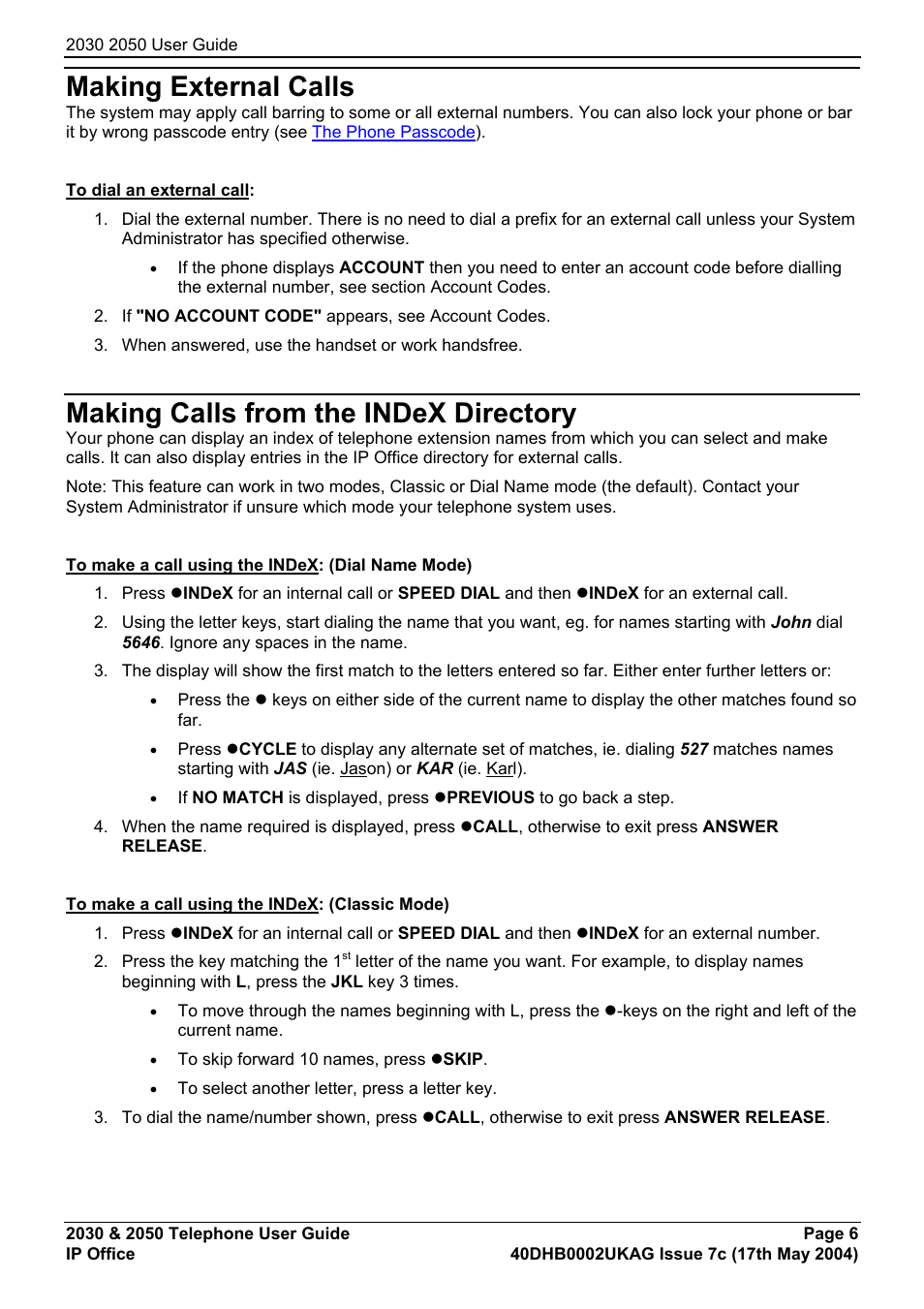 Making external calls, Making calls from the index directory, Making calls | Avaya 2050 User Manual | Page 10 / 51