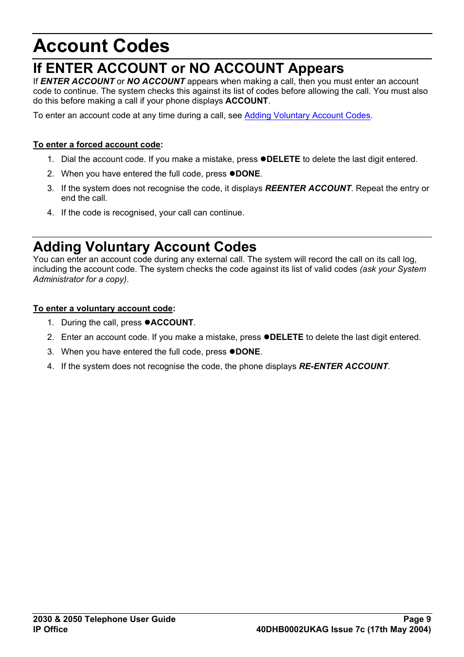 Account codes, If enter account or no account appears, Adding voluntary account codes | Avaya 2050 User Manual | Page 13 / 51