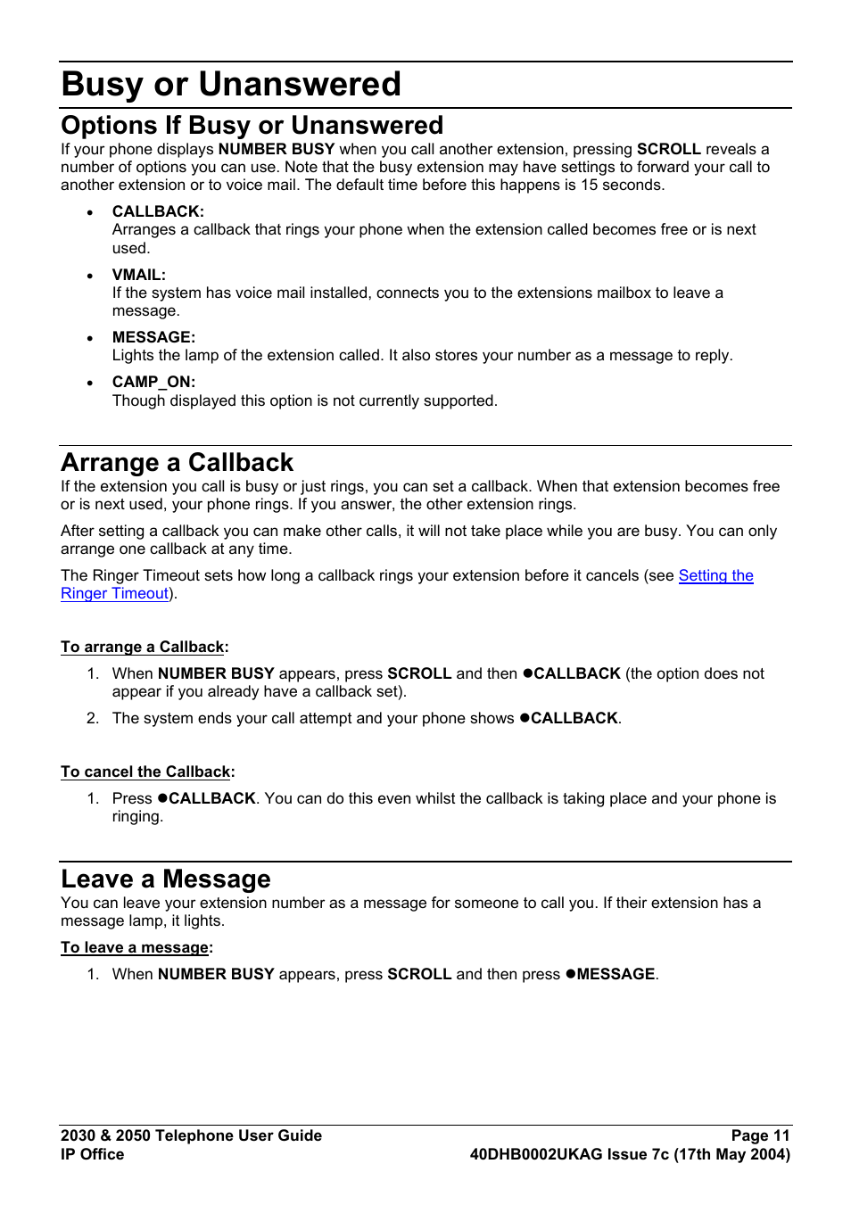 Busy or unanswered, Options if busy or unanswered, Arrange a callback | Leave a message | Avaya 2050 User Manual | Page 15 / 51